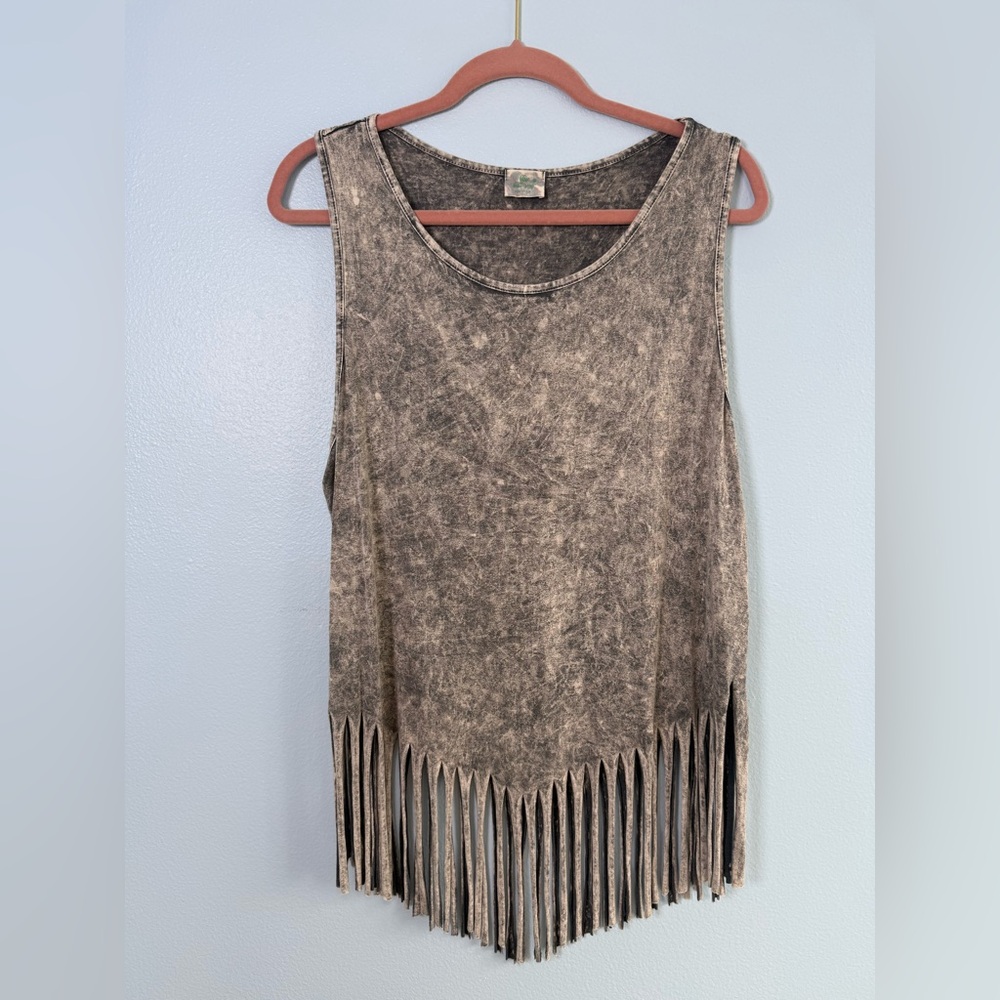 Western Acid Wash Gray Fringe Tank Top